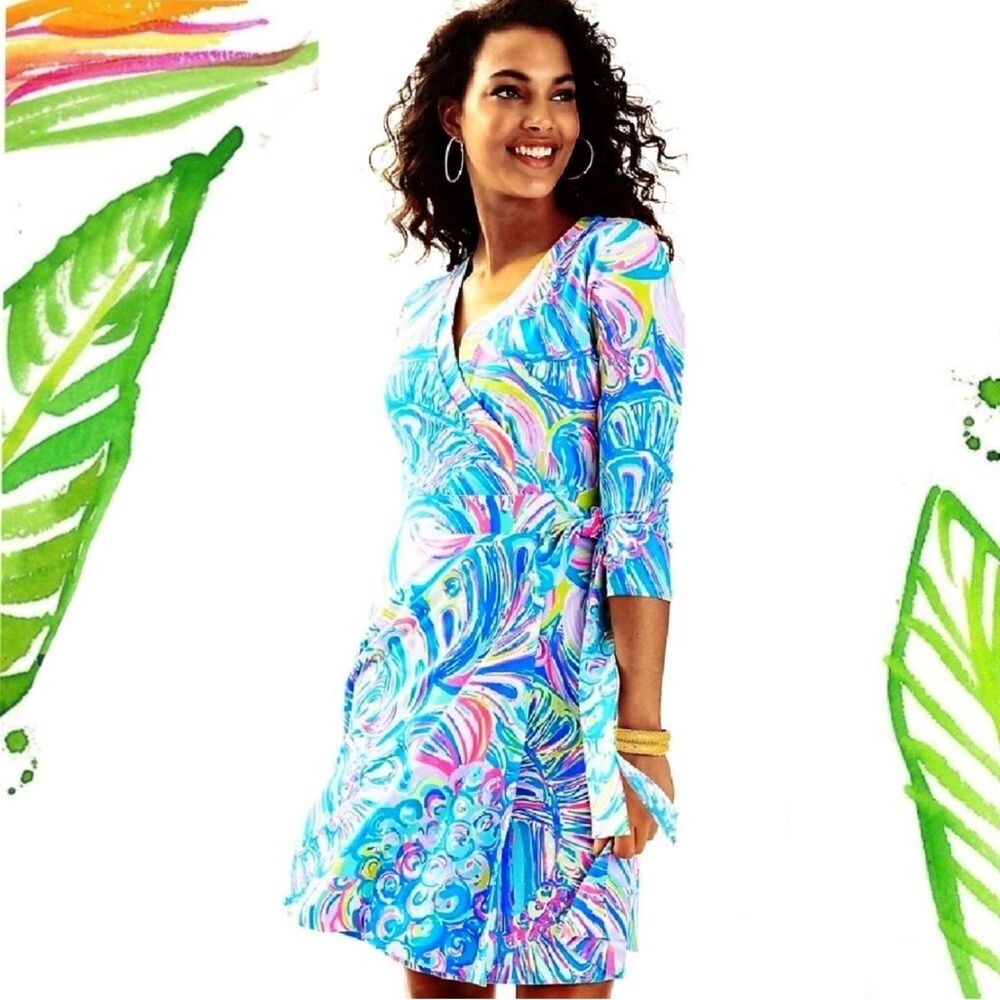 Lilly Pulitzer EMILIA WRAP DRESS in print Multi Gillty Pleasure Large EUC